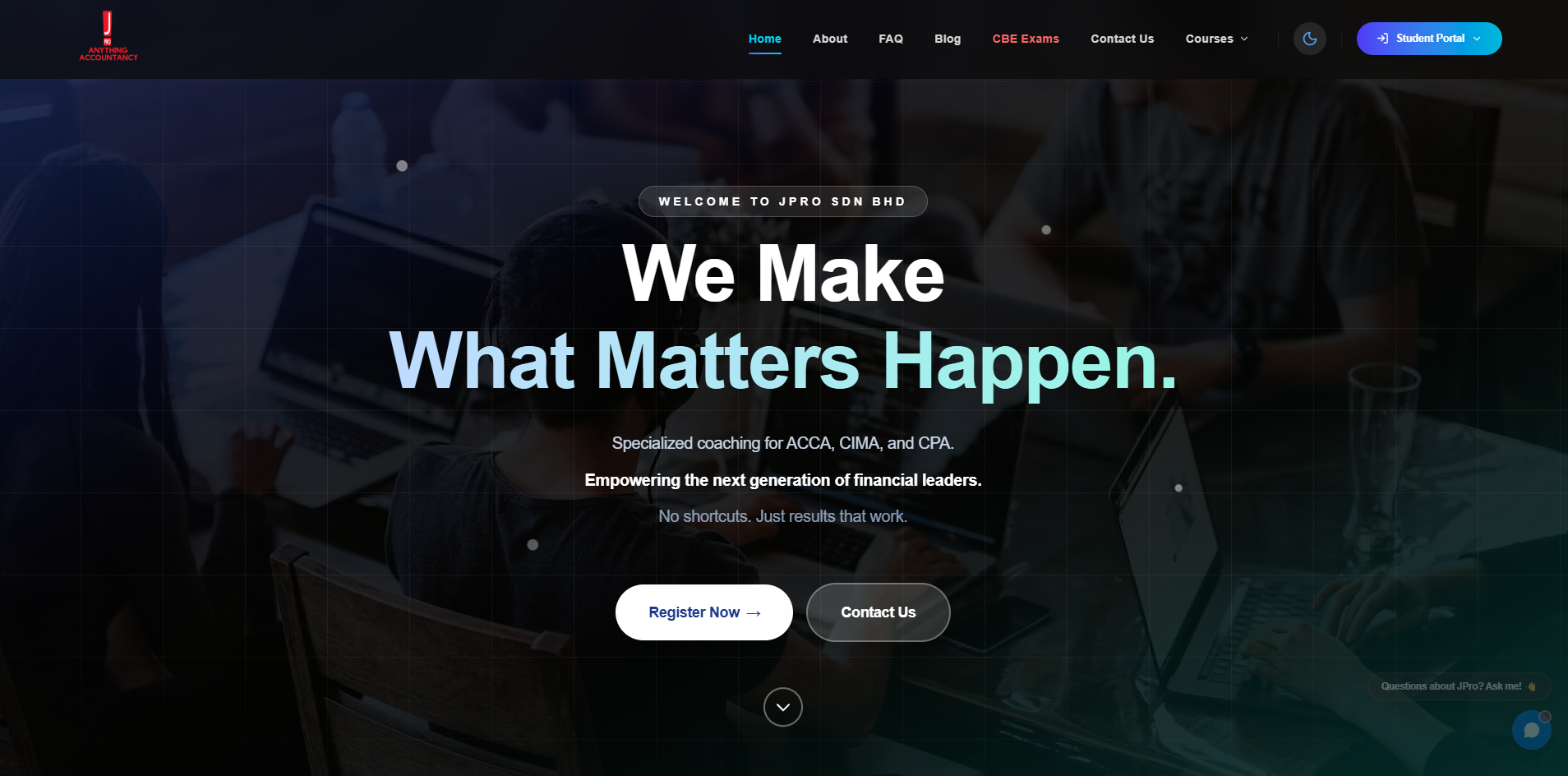 JPro Training homepage with the headline “We make what matters happen” over a dark classroom photo